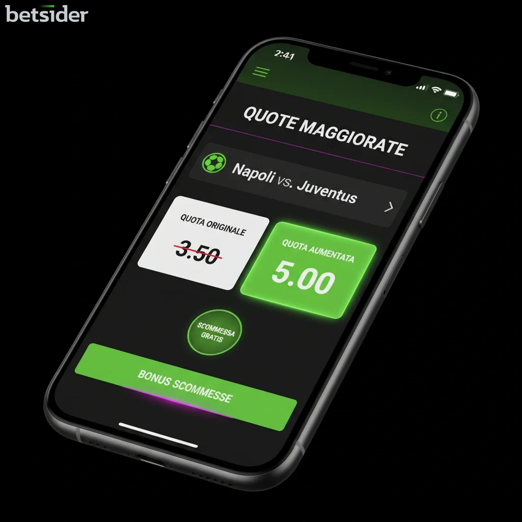 Schermata di un'app di scommesse che mostra una promozione con quota maggiorata per una partita di calcio