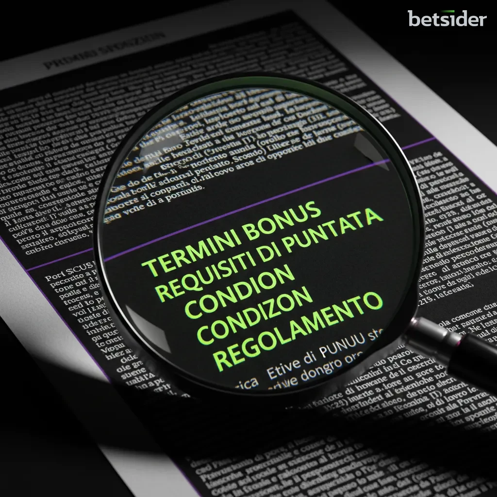 Un documento di termini e condizioni di un bonus casinò con una lente d'ingrandimento