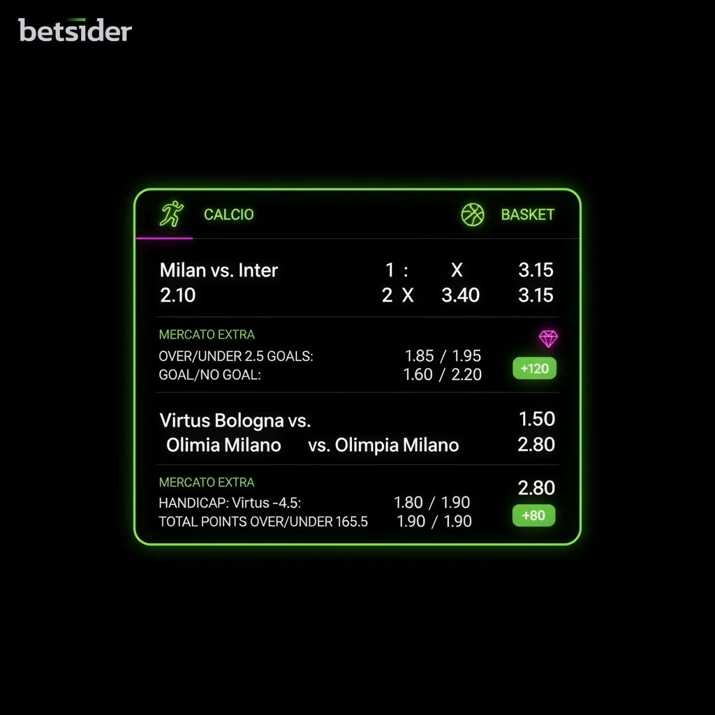 Interfaccia dello sportsbook di Betsider con mercati per calcio, tennis e basket.