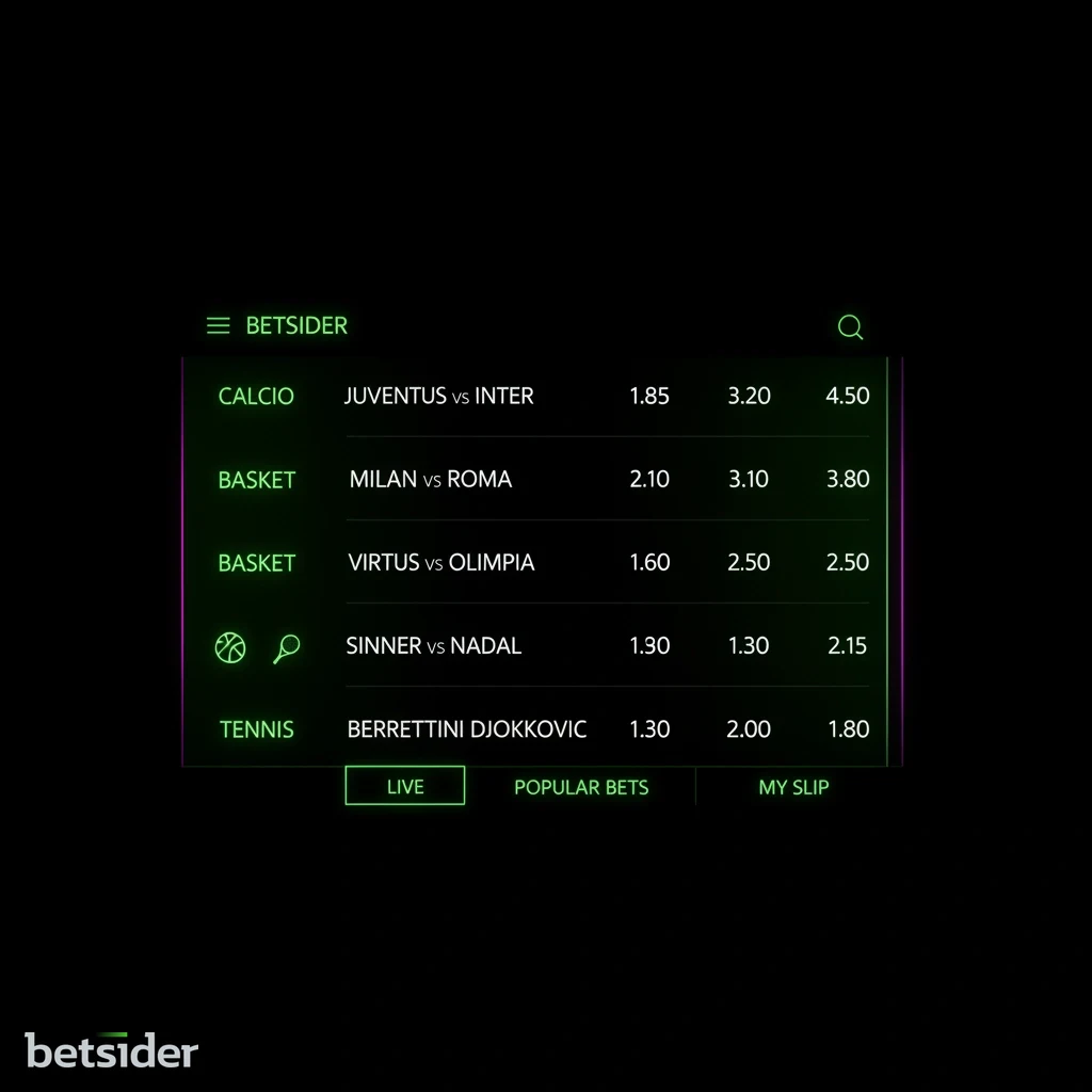 Palinsesto sportivo di Betsider con quote per partite di calcio e altri sport.