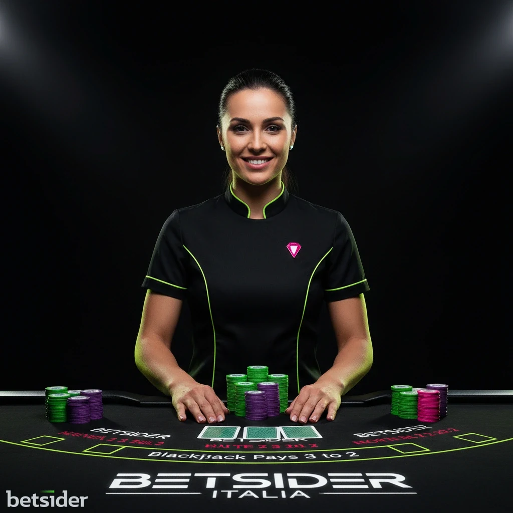 Croupier professionista che gestisce un tavolo di blackjack nel casinò live di Betsider.