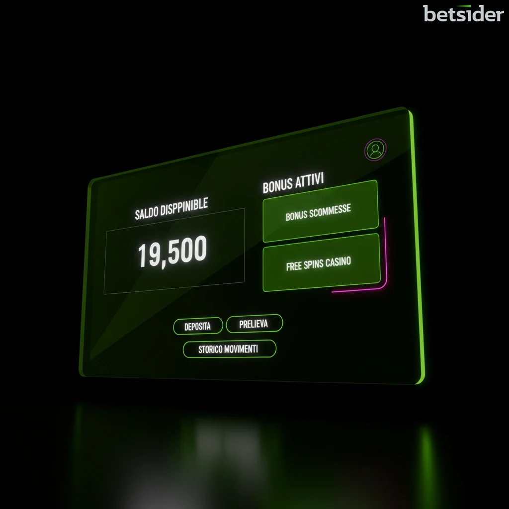 Schermata del pannello di controllo dell'account utente su Betsider dopo il login.